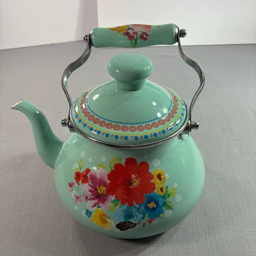 Pioneer Woman Floral Enamel Tea Kettle Turquoise 2 Qt Kitchen Decor